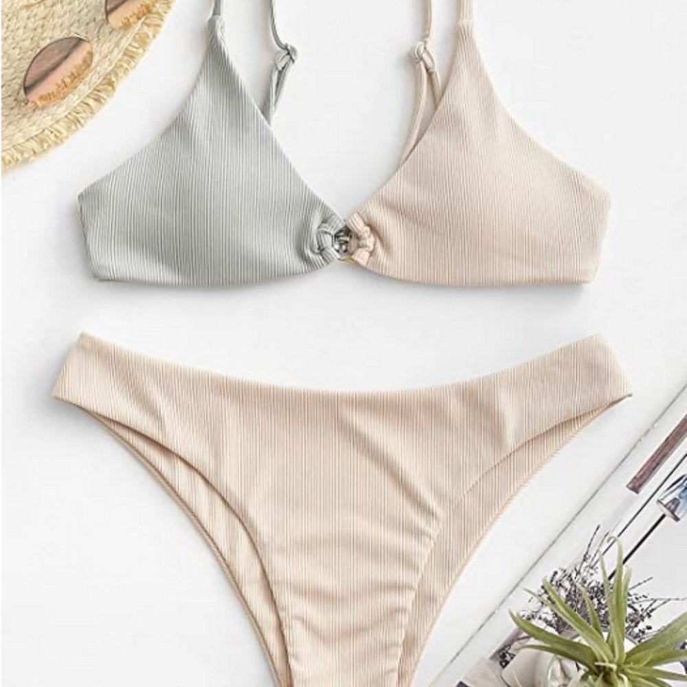 NWT ZAFUL Women's Two Tone Ribbed O Ring Cheeky Bikini Swimsuit Size Large